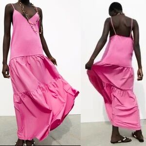 Zara long tiered dress in pink cotton
